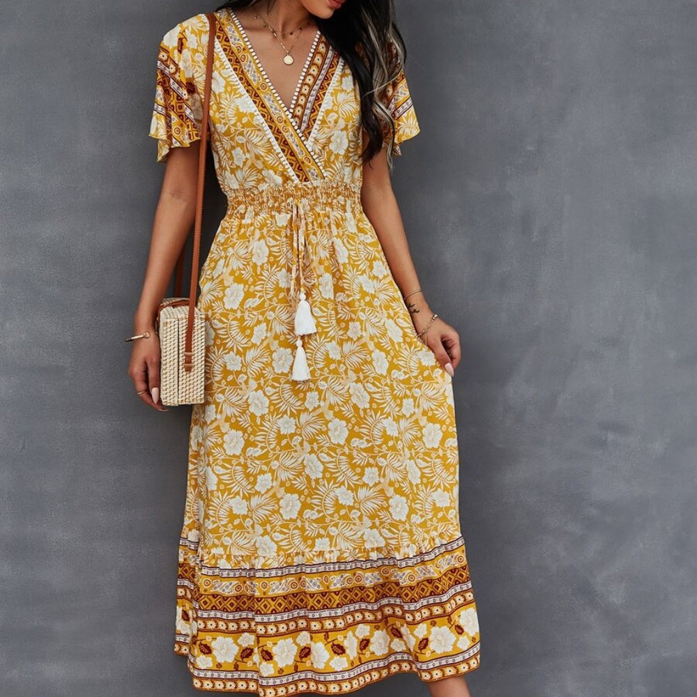 Boho Yellow Floral Print Butterfly Sleeve Midi Dress Cottagecore - Picture 2 of 13